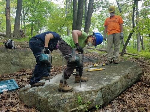 Megalithic Trail Crew working on the Appalachian Trail reroute on Bear Mountain. Photo by Eduardo Gill.