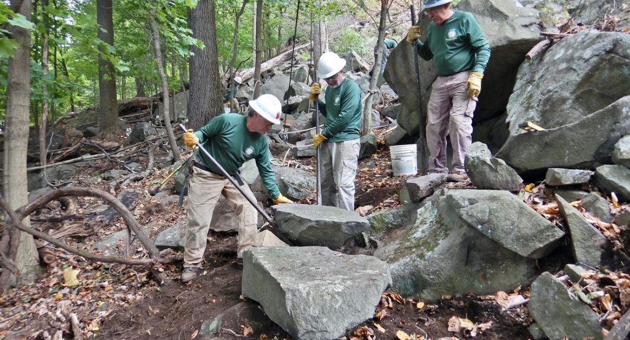 Long Distance Trails Crew working on the Long Path at Hook Mountain State Park.