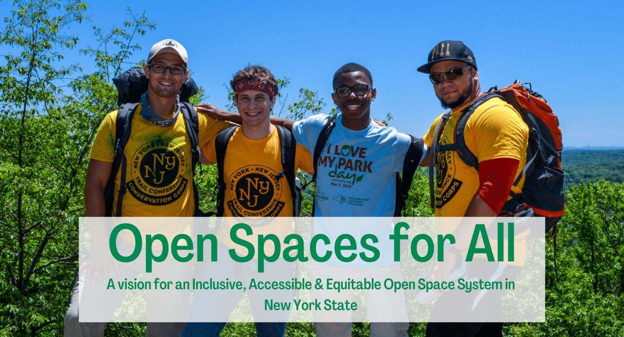 Diverse group of hikers at a scenic viewpoint. Text reads: "Open Spaces for All. A vision for an Inclusive, Accessible and Equitable Open Space System in New York State."