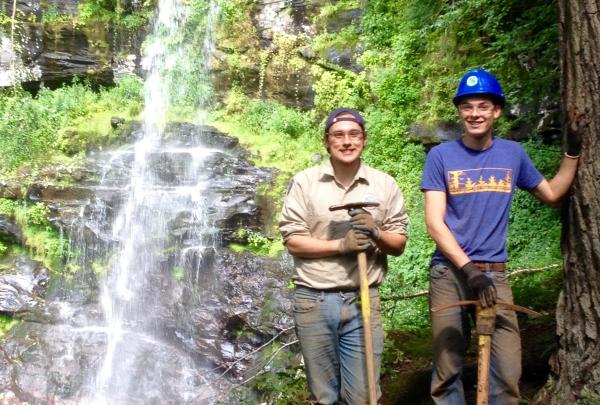 Trail crew members wearing property safety equipment at Platte Clove Preserve in the Catskills. Photo by Sona Mason.