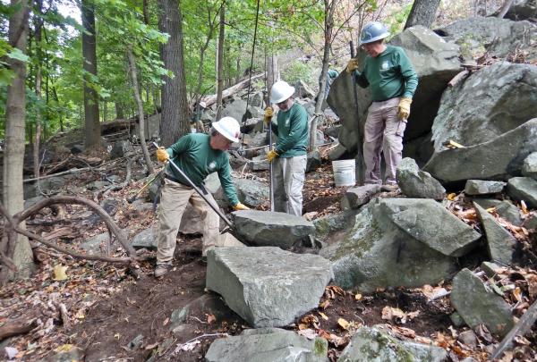 Long Distance Trails Crew working on the Long Path at Hook Mountain State Park.